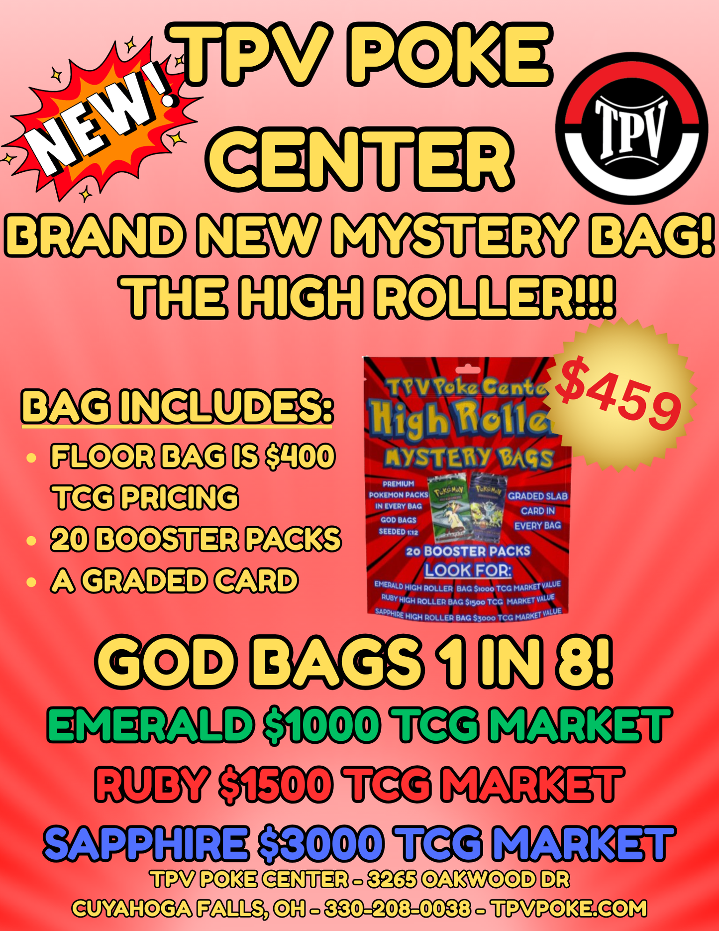 $499 TPV POKE CENTER HIGH ROLLER MYSTERY BAG. --20 PACKS AND A SLAB--
