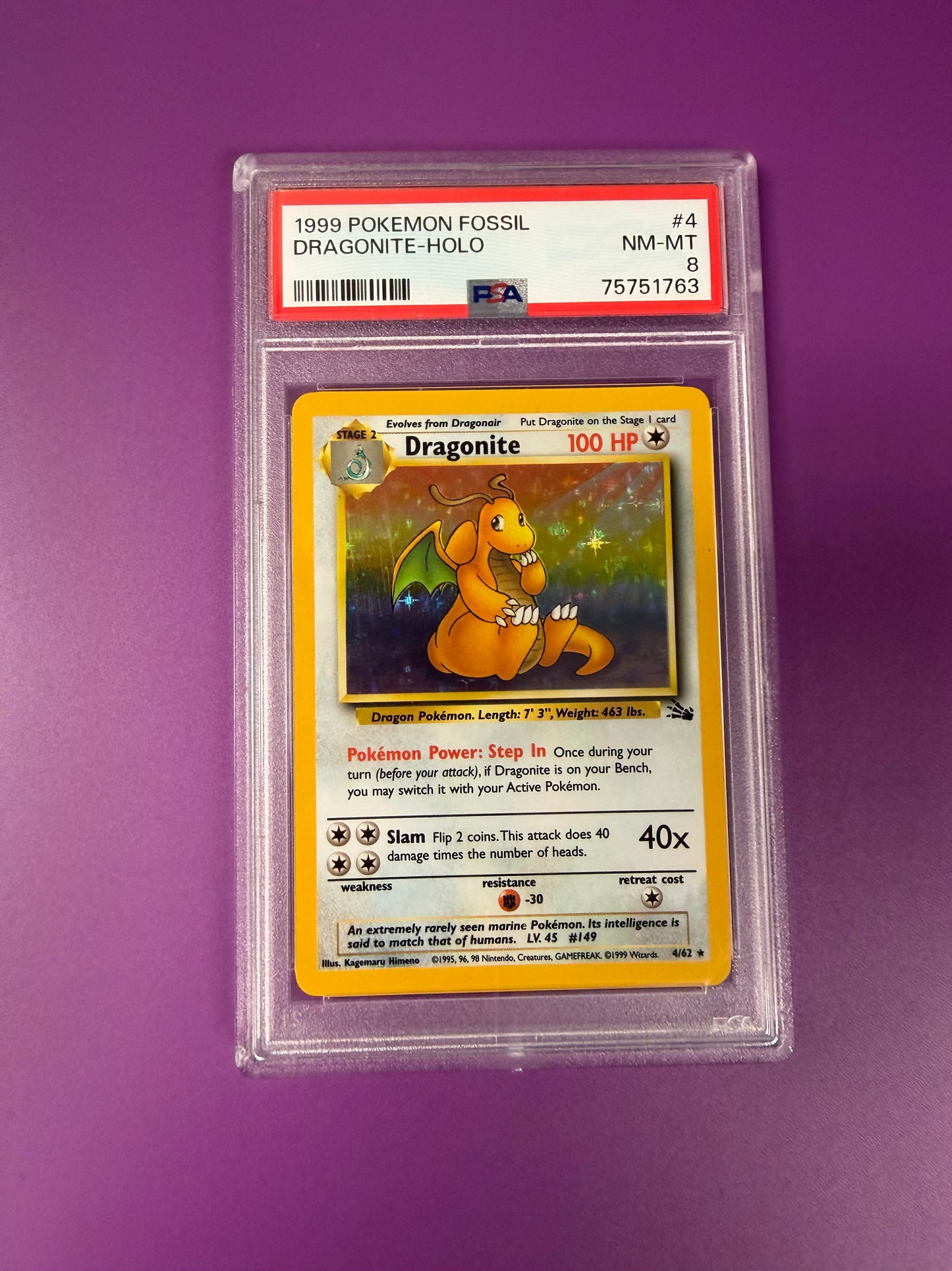 1999 FOSSIL #4 DRAGONITE PSA 8 PK 1008
