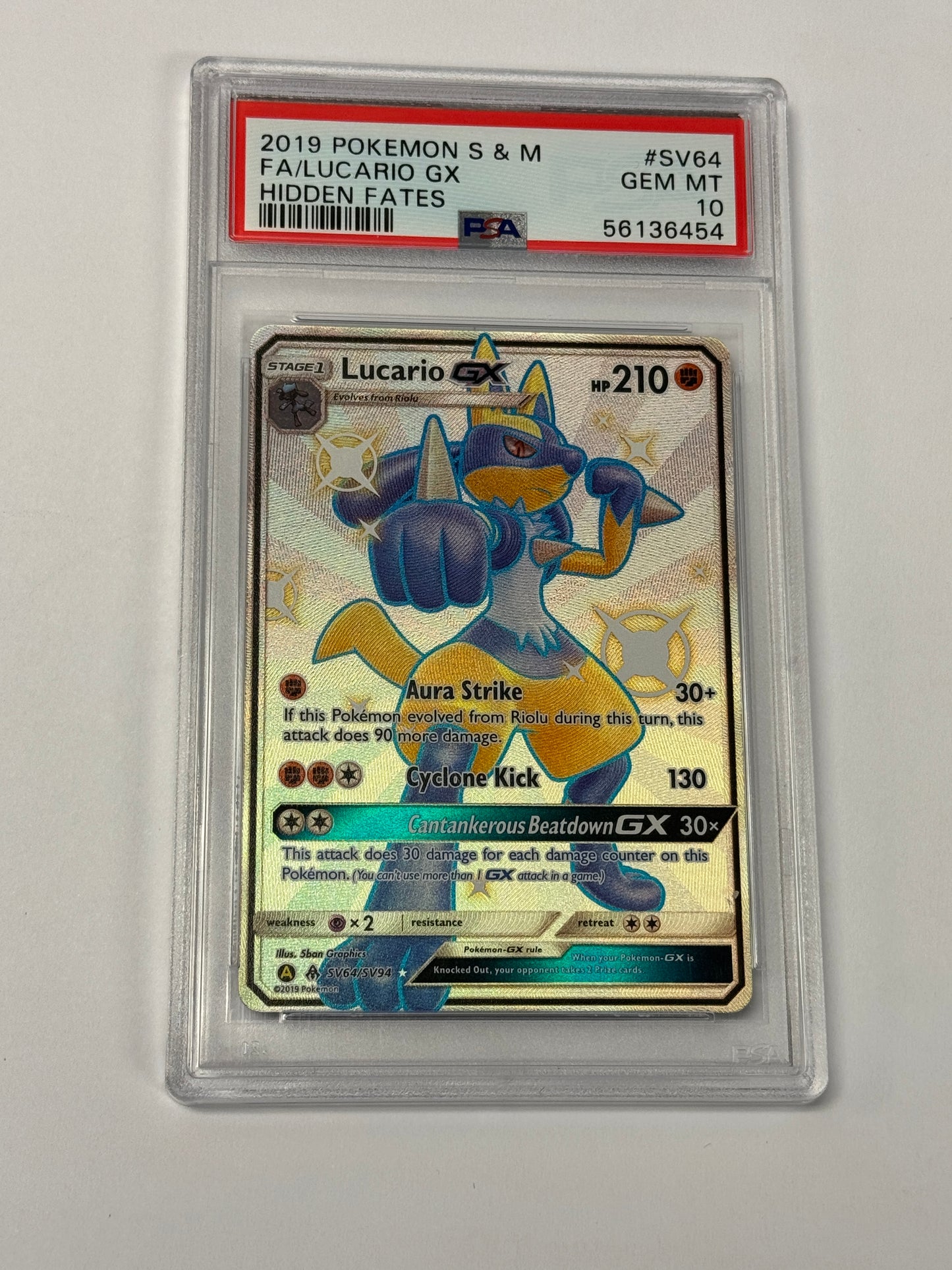 2019 HIDDEN FATES LUCARIO GX #SV64 PSA 10 PK988. SLAB
