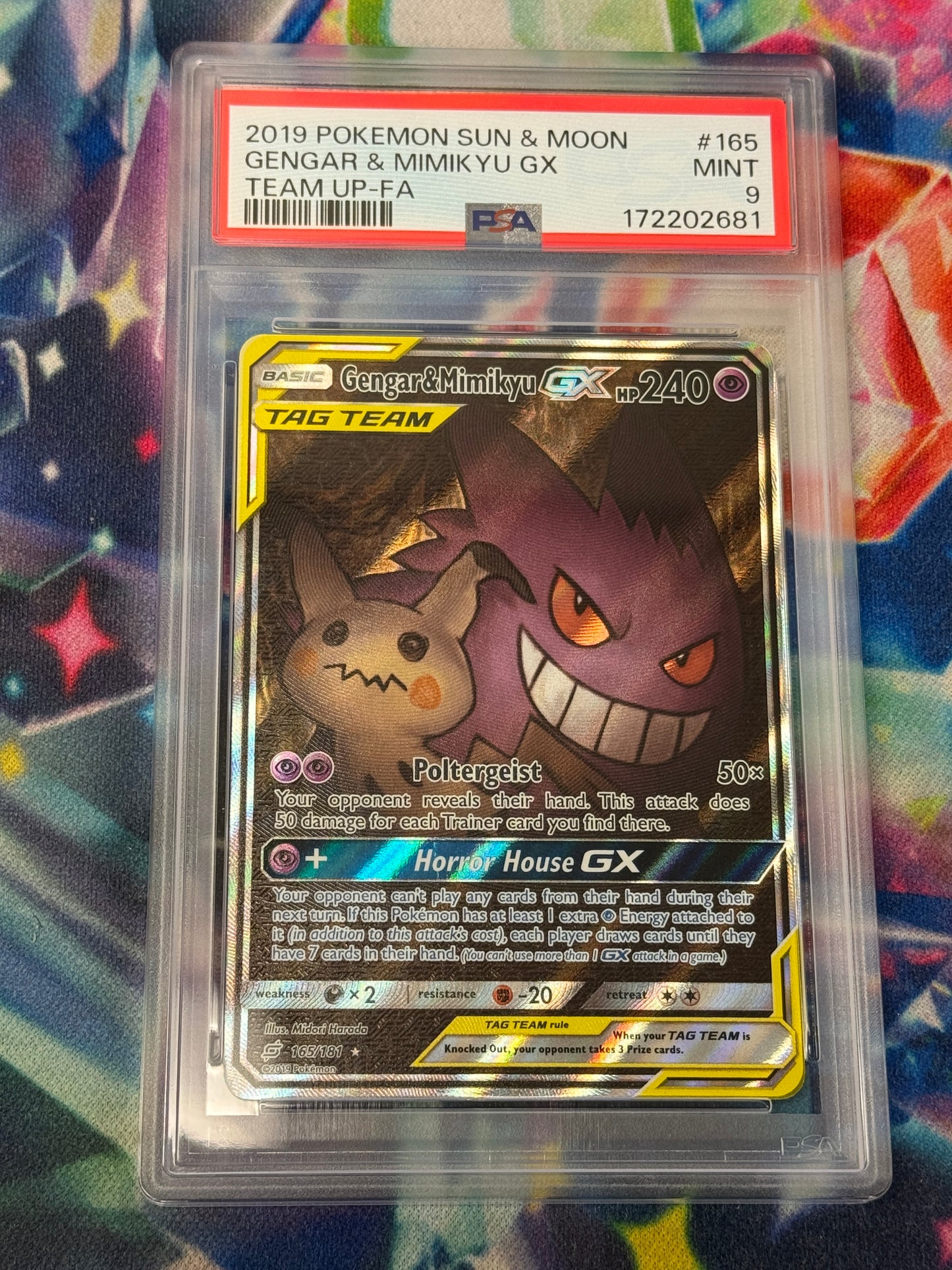 2019 TEAM UP FULL ART GENGAR & MIMIKYU GX #165 PSA 9 PK1020