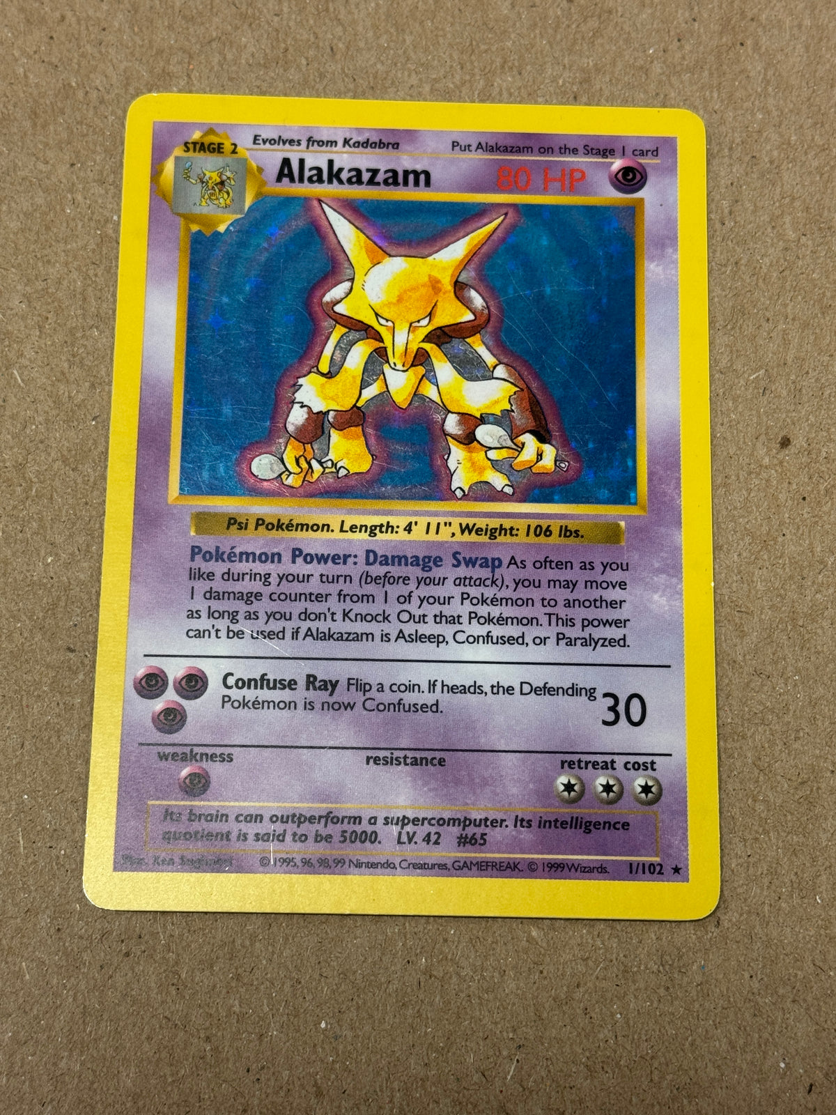 POKEMON BASE SET SHADOWLESS  ALAKAZAM  1/102  RAW  PK1772