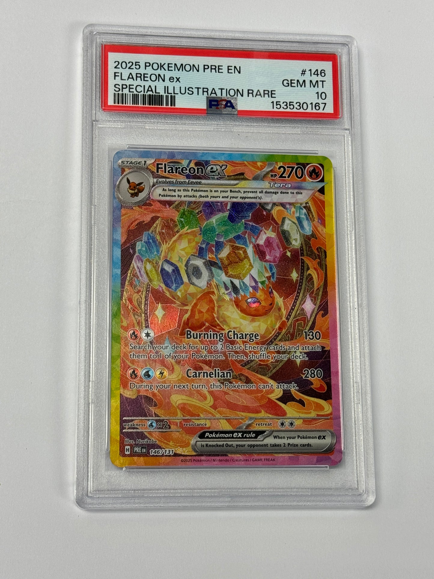 2025 PRISMATIC EVOLUTIONS FLAREON EX #146  PSA 10  PK986. SLAB